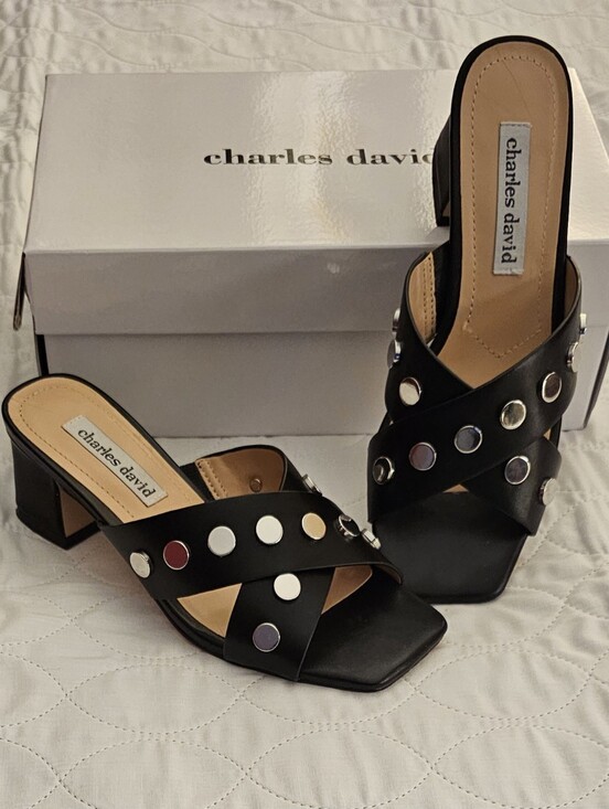 Charles David Shoes - Charles David Black Studded Cross-Strap Block Heel Mules